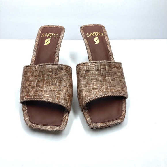 Franco Sarto Shoes - Franco Sarto Betty Woven Square Toe Kitten Heels 7 M Brown Slip On Sandals